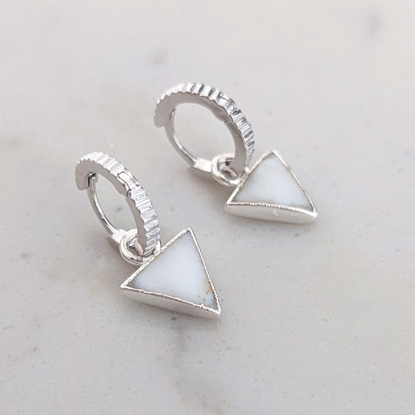 sterling silver mother of pearl triangular charm hoop earrings