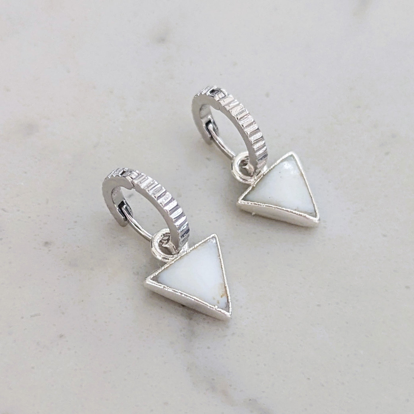 sterling silver mother of pearl triangular charm hoop earrings