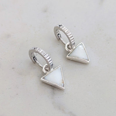 sterling silver mother of pearl triangular charm hoop earrings