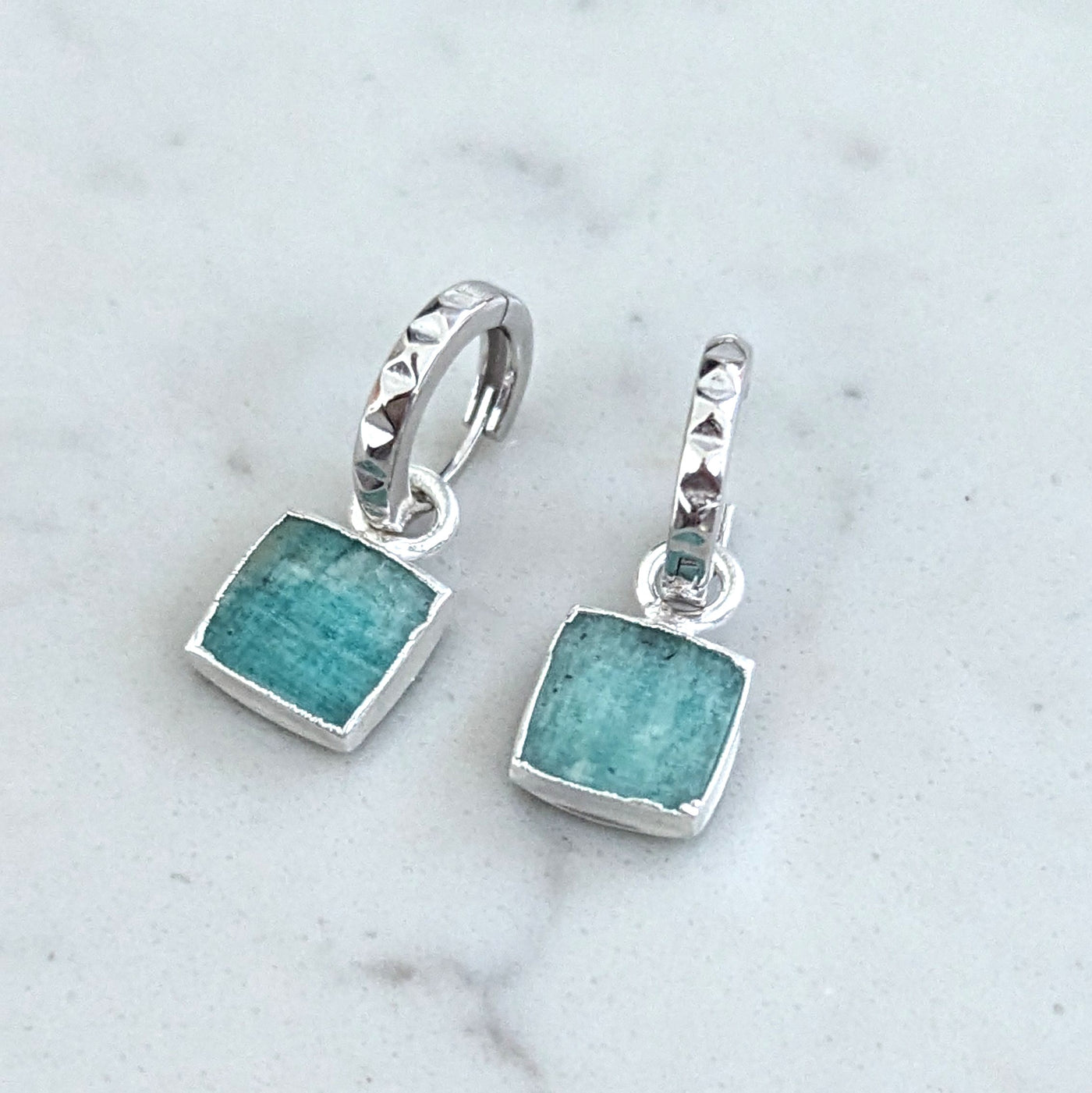 sterling silver amazonite square charm hoop earrings