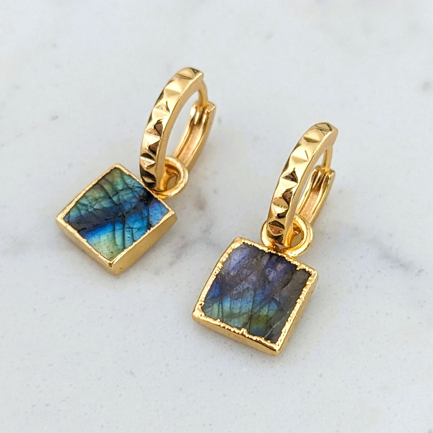 The Square Labradorite Gemstone Hoop Earrings - 18ct Gold Plated