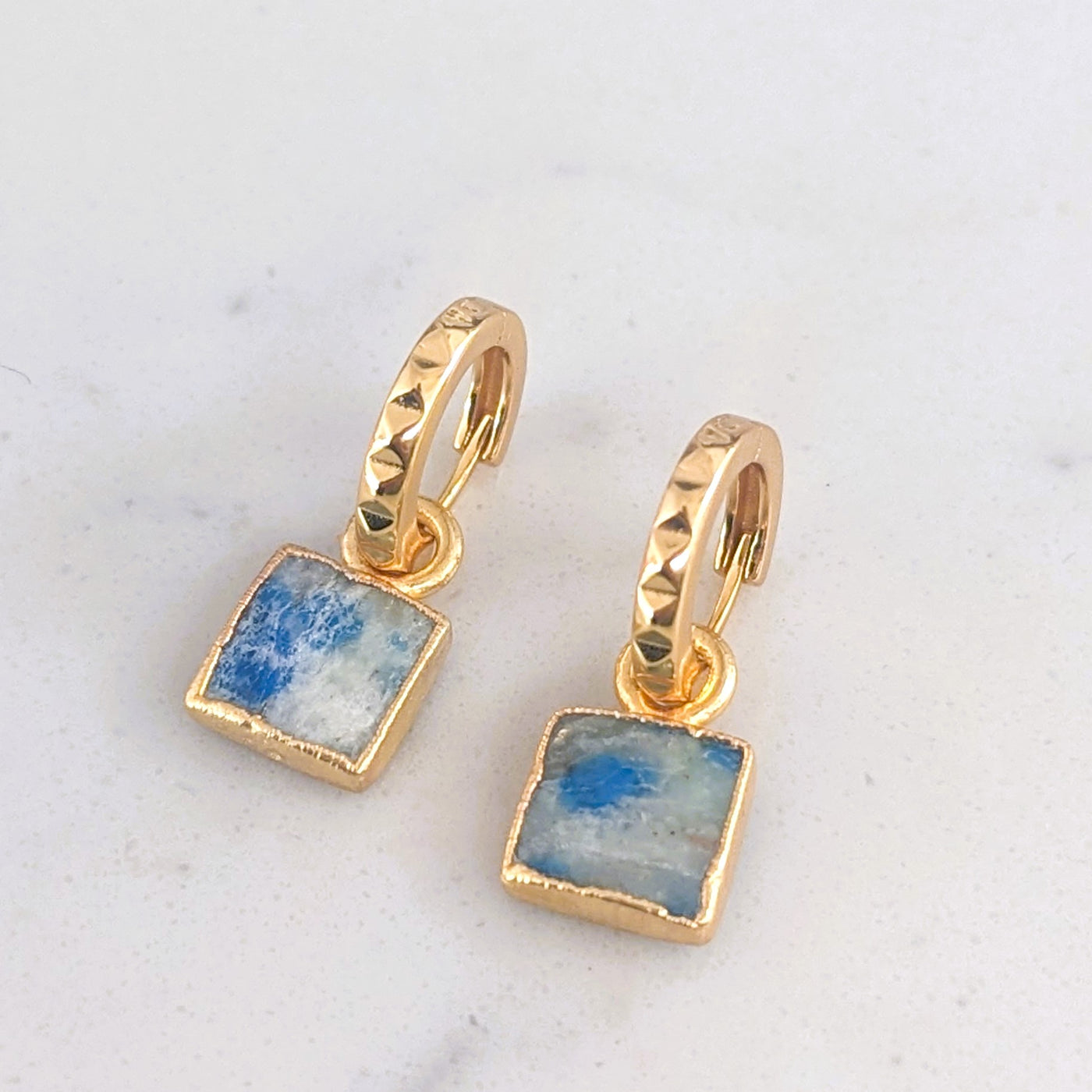 18 carat gold plated k2 jasper square charm hoop earrings