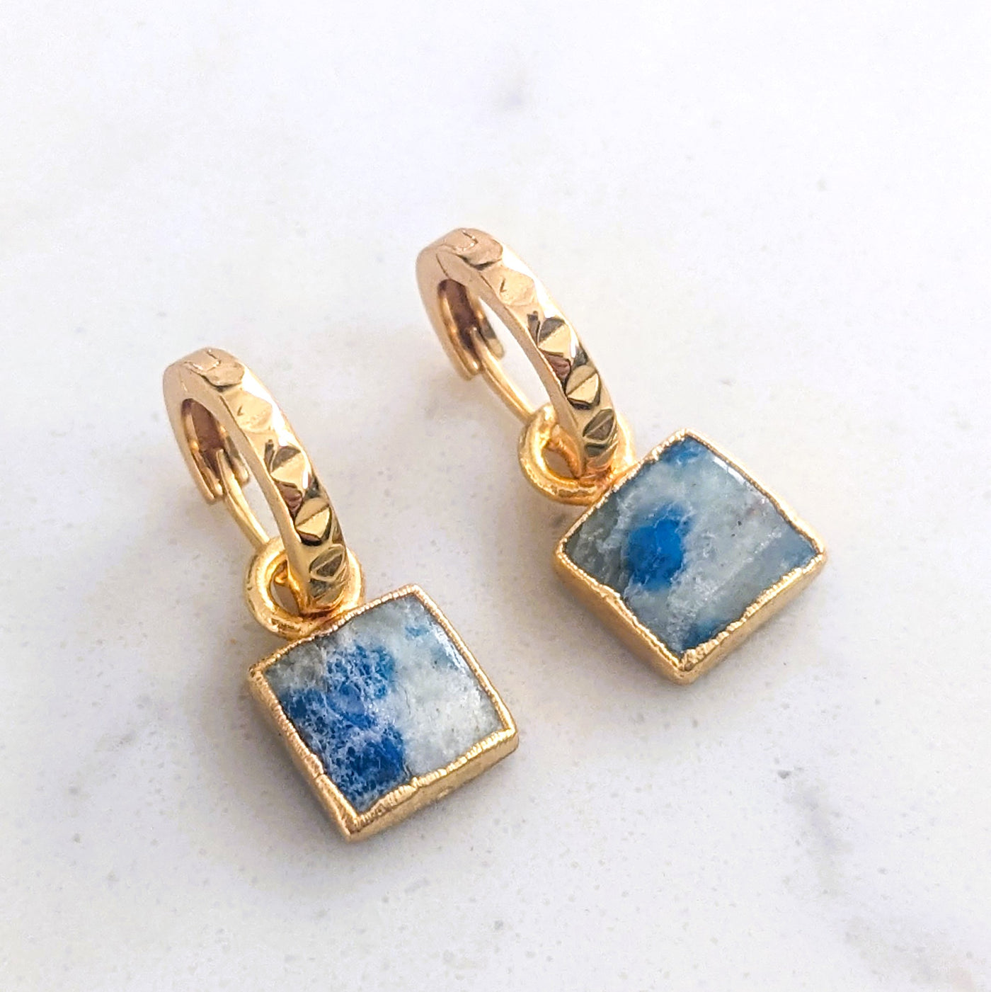 18 carat gold plated k2 jasper square charm hoop earrings