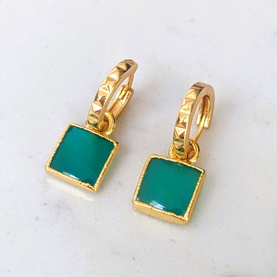 18 carat gold plated square green onyx hoop earrings