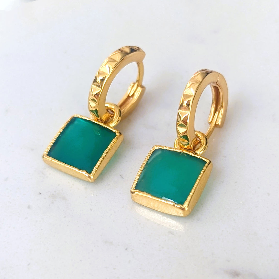 18 carat gold plated square green onyx hoop earrings