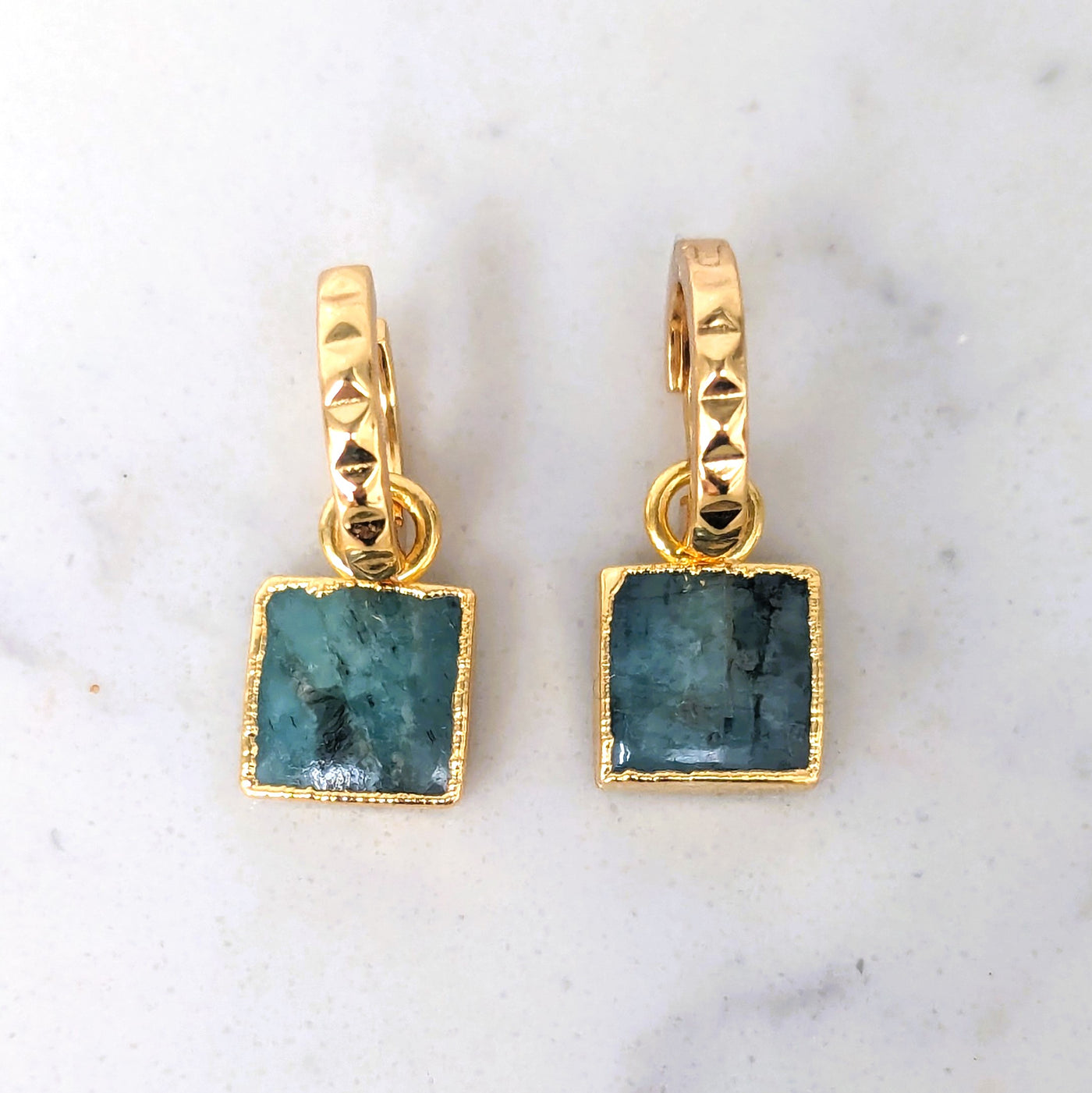 Gold plated square charm emerald earrings