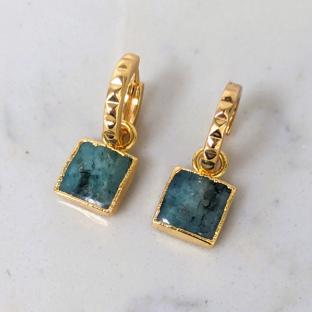 Gold plated square charm emerald earrings