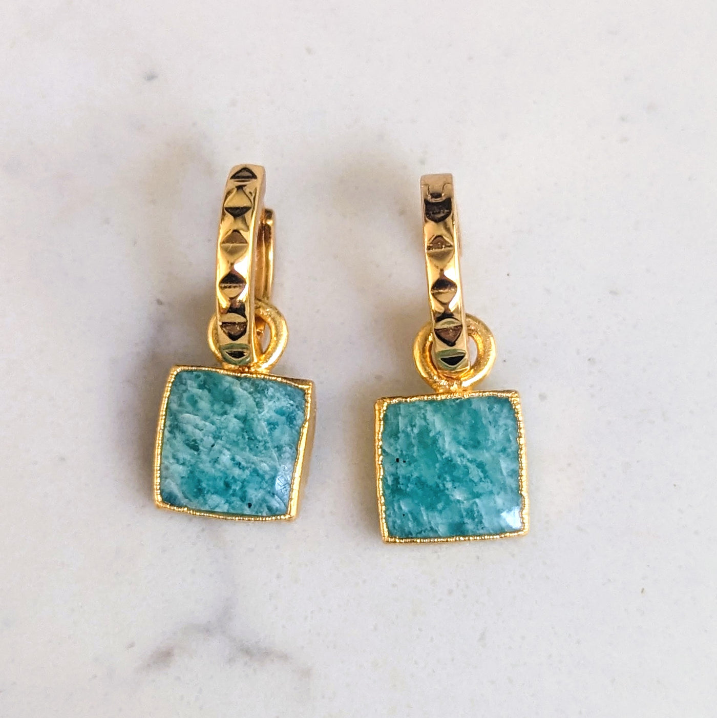 Gold plated amazonite gemstone charm hoop earrings