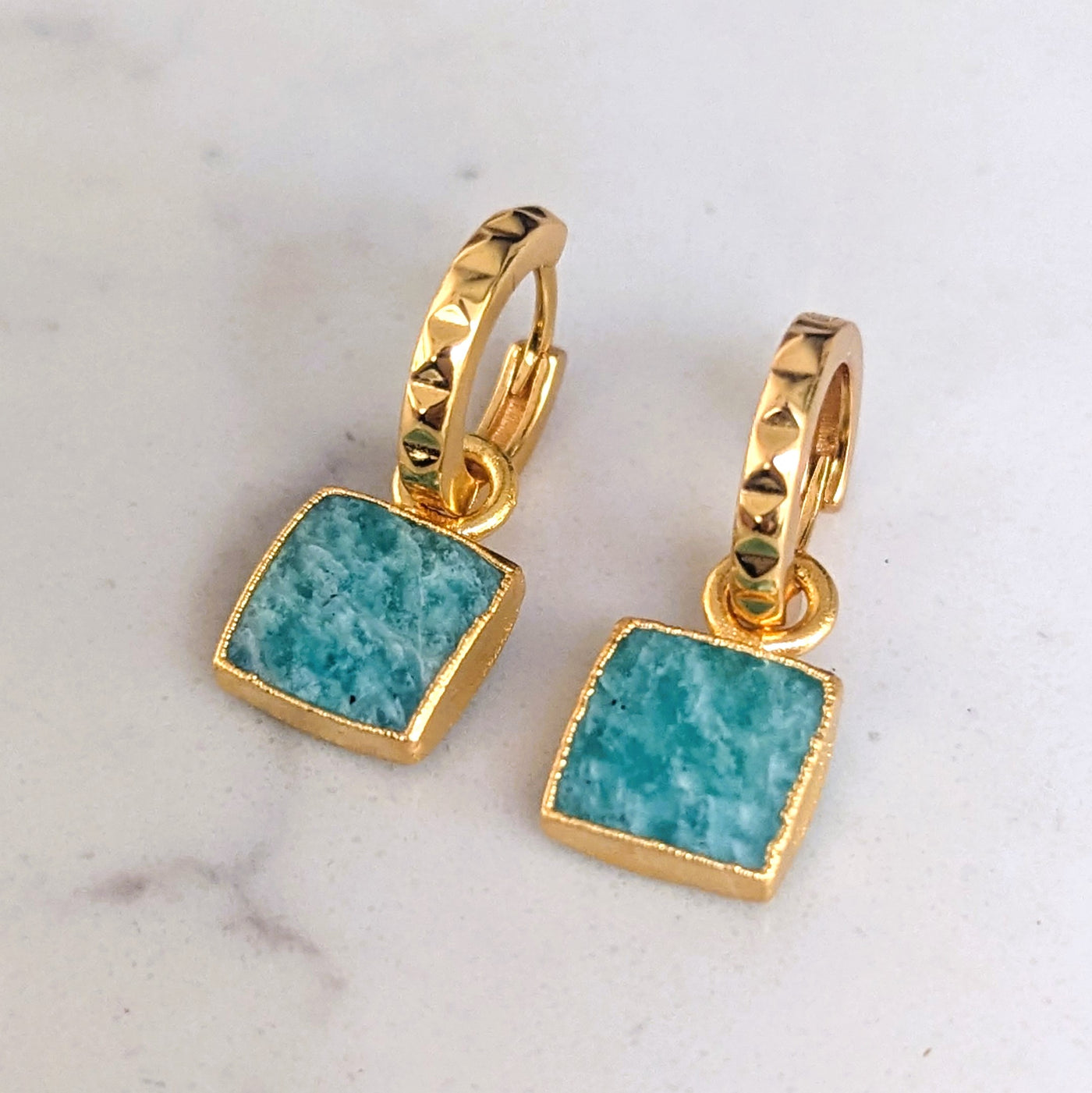 Gold plated amazonite gemstone charm hoop earrings