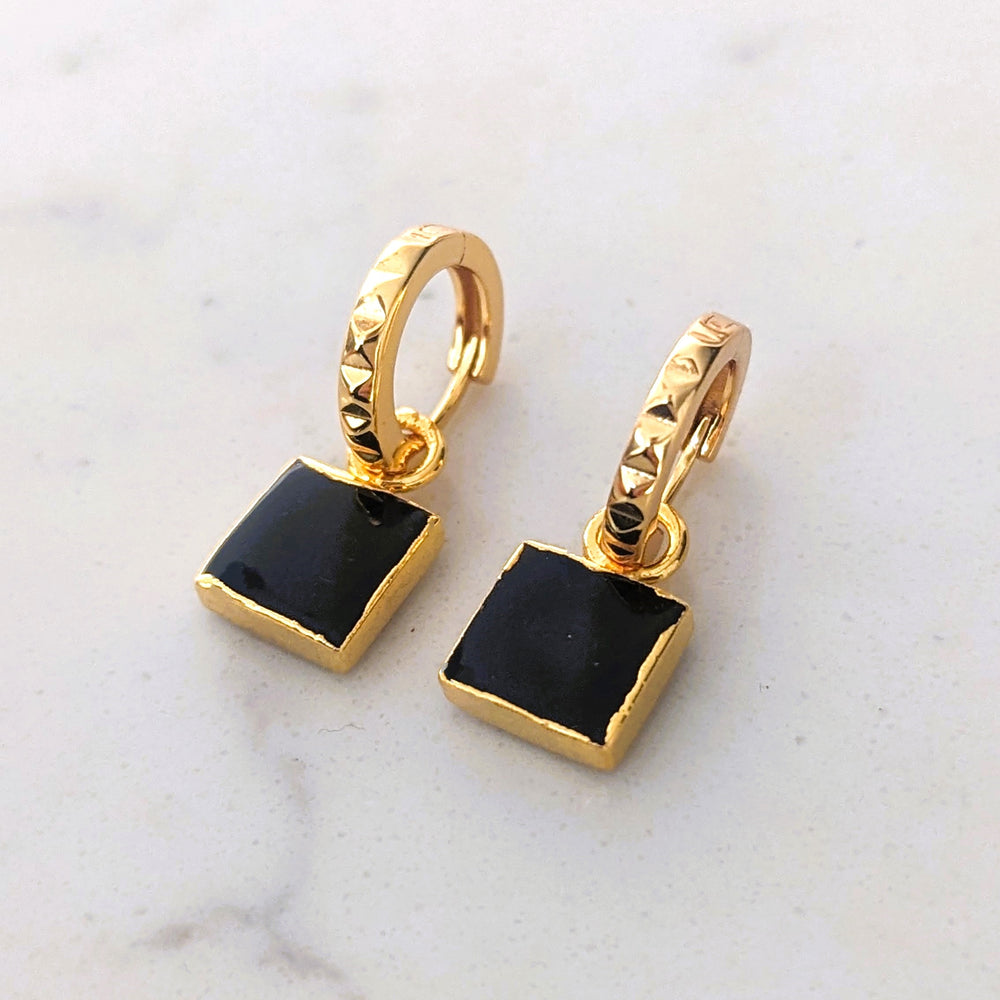 gold black tourmaline square charm hoop earrings