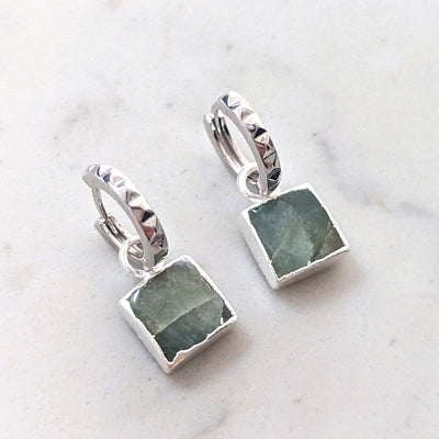 sterling silver aquamarine square charm hoop earrings