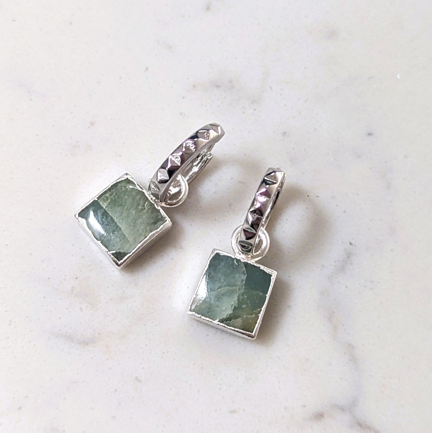 sterling silver aquamarine square charm hoop earrings