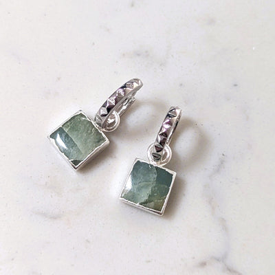 sterling silver aquamarine square charm hoop earrings
