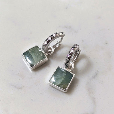 sterling silver aquamarine square charm hoop earrings