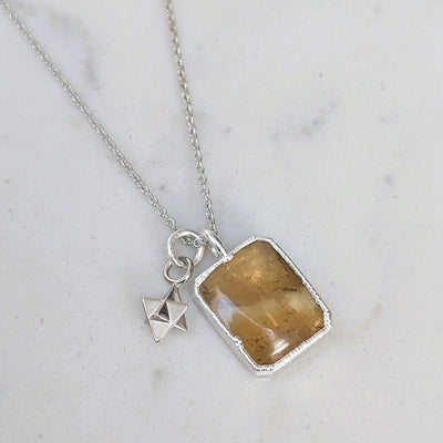 citrine and tetrahedron charm silver pendant necklace