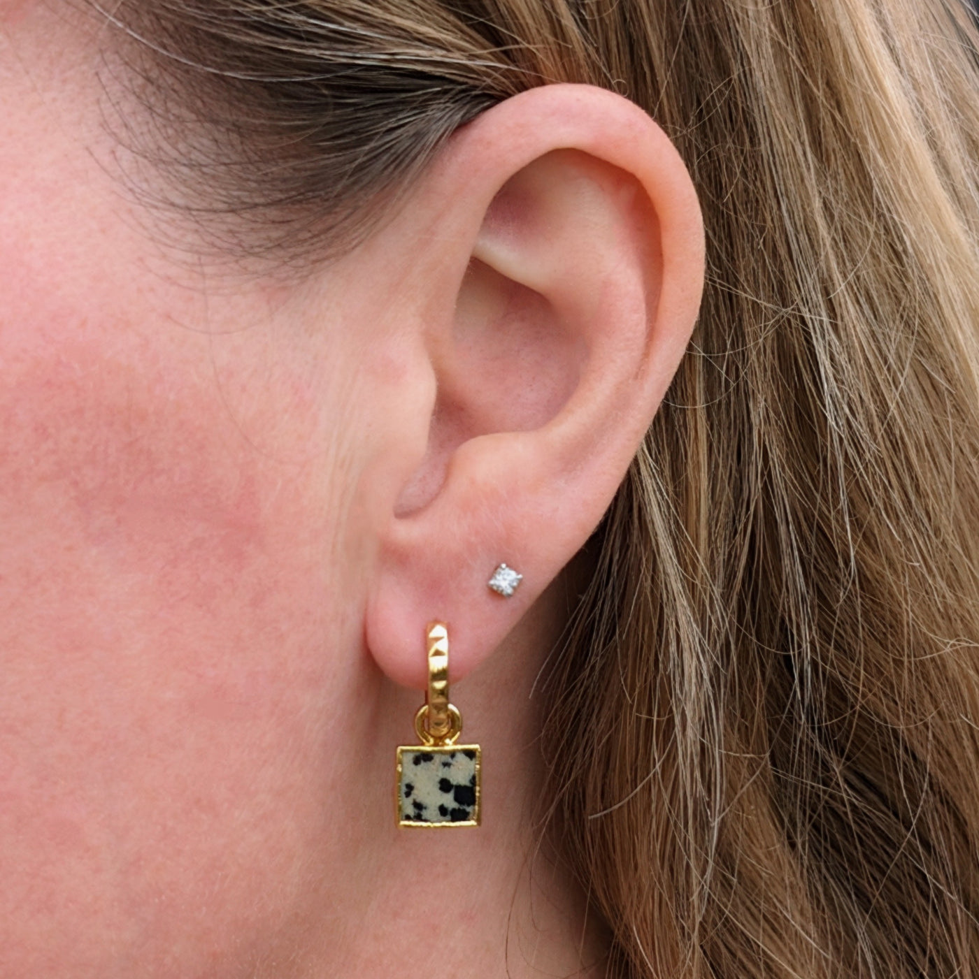 Gold plated dalmatian jasper gemstone charm hoop earrings