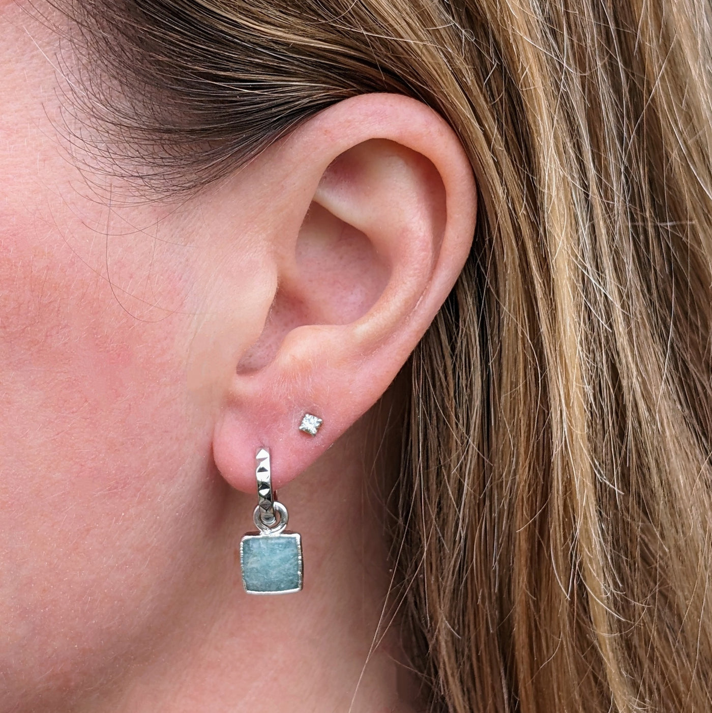 sterling silver amazonite square charm hoop earrings