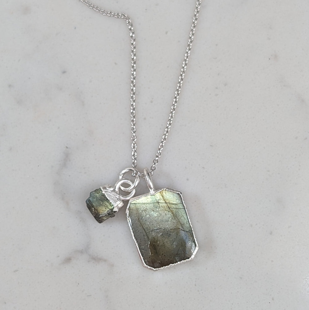 sterling silver labradorite rectangular pendant necklace and labradorite tumblestone charm.
