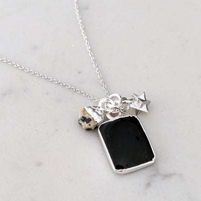silver black onyx, dalmatian jasper and charm gemstone necklace