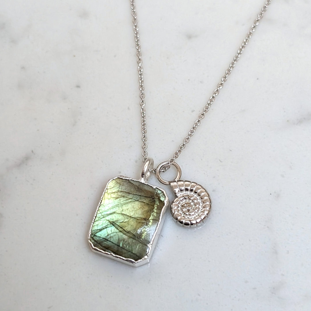 sterling silver labradorite rectangular pendant necklace and ammonite charm.