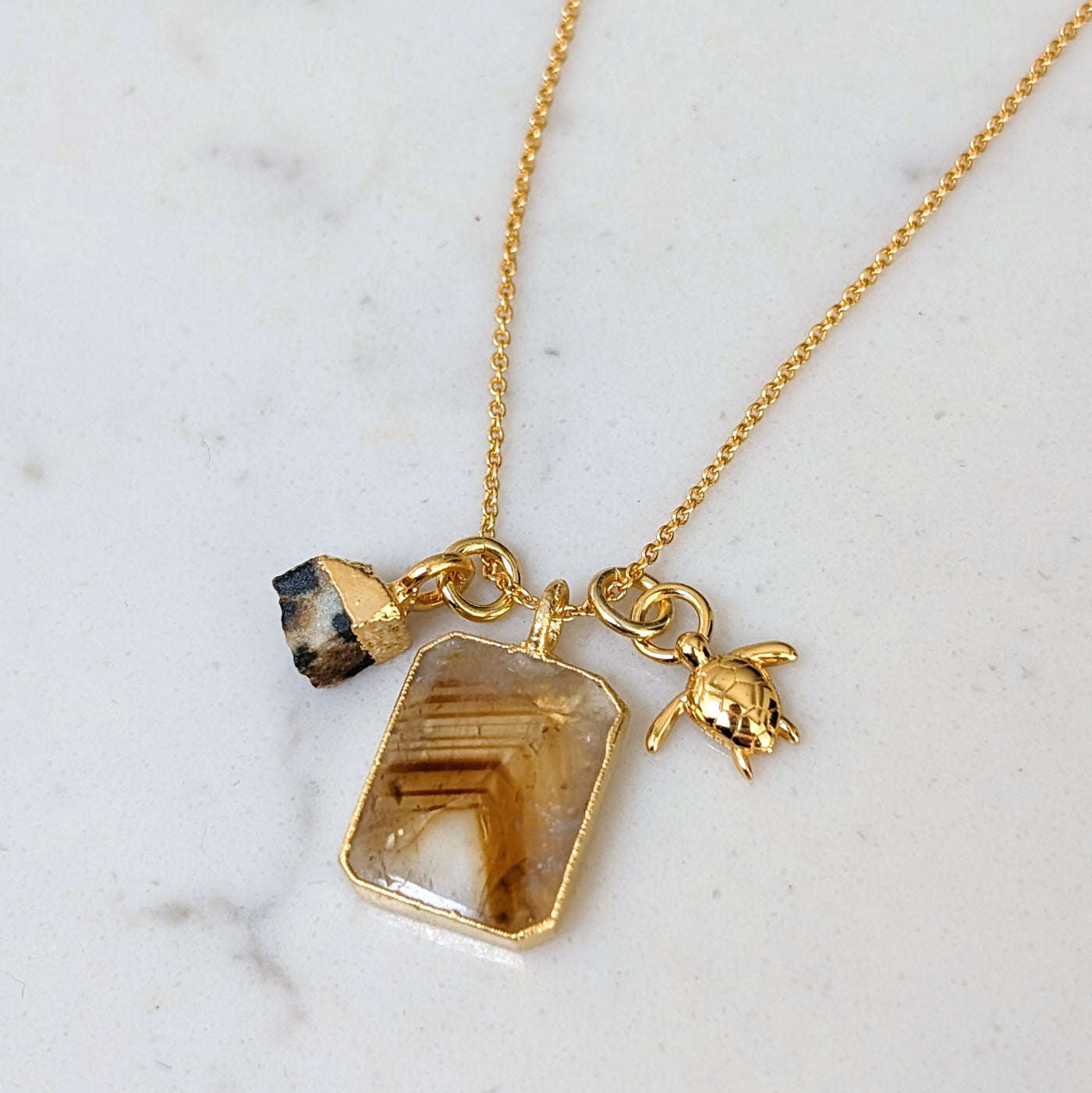 The Trio Citrine, Dalmatian Jasper and Charm Necklace
