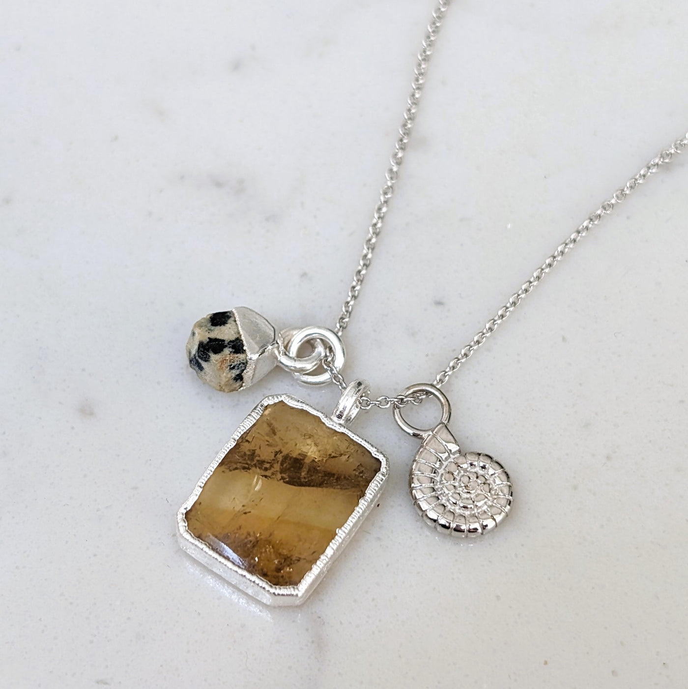 silver citrine and dalmatian jasper gemstone pendant necklace