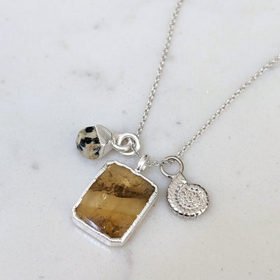silver citrine and dalmatian jasper gemstone pendant necklace