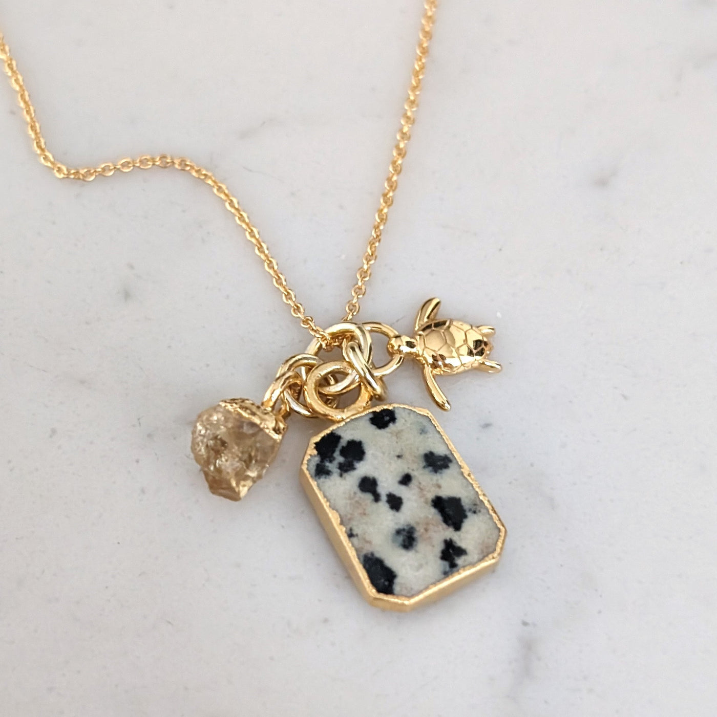 The Trio Dalmatian Jasper, Citrine and Charm Necklace