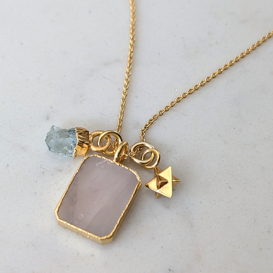 The Trio Rose Quartz, Aquamarine and Charm Necklace