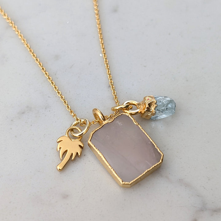The Trio Rose Quartz, Aquamarine and Charm Necklace