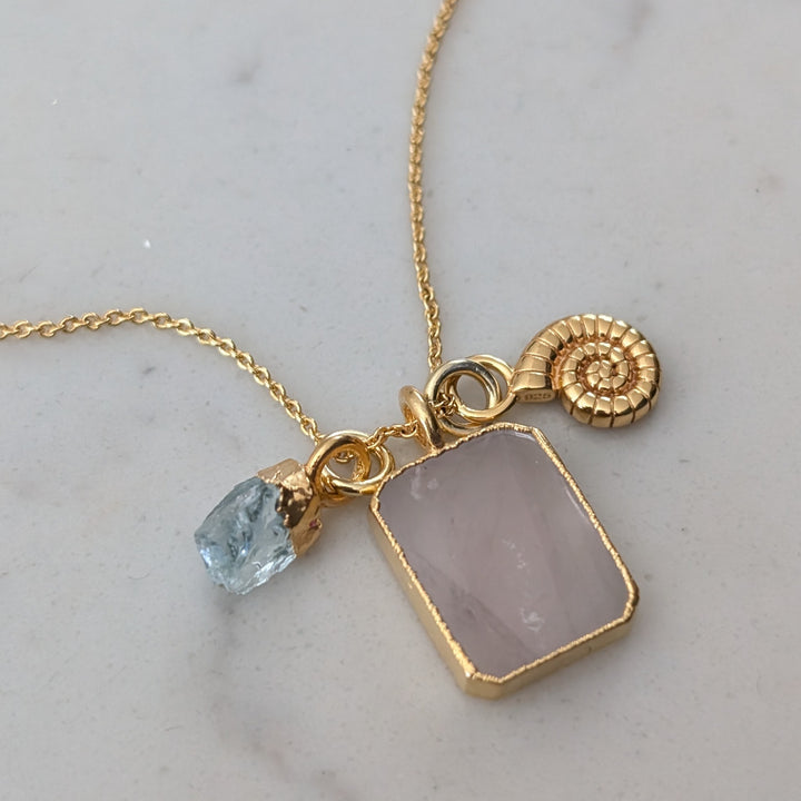 The Trio Rose Quartz, Aquamarine and Charm Necklace