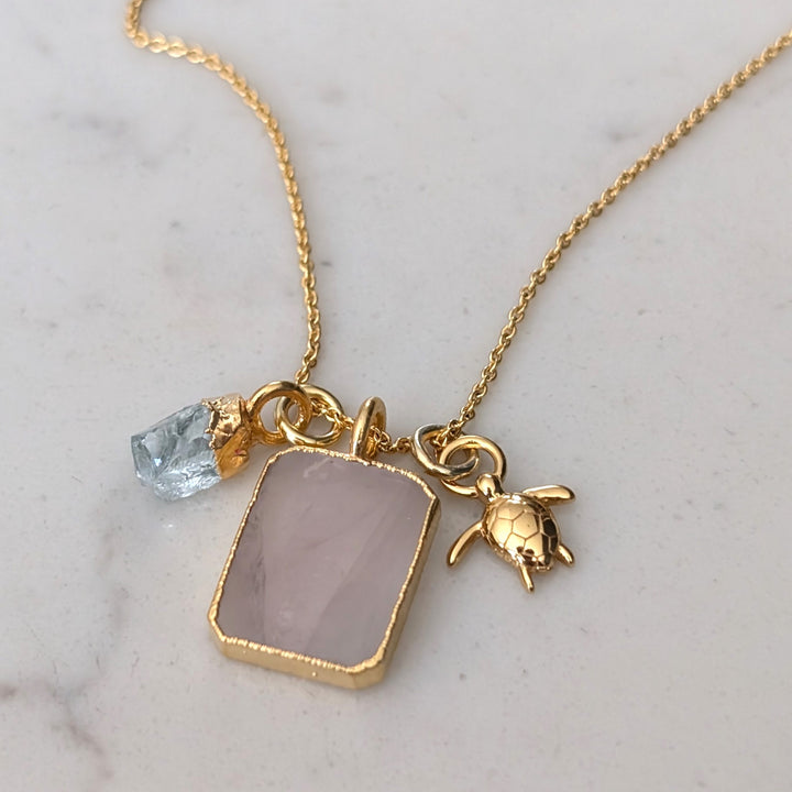 The Trio Rose Quartz, Aquamarine and Charm Necklace