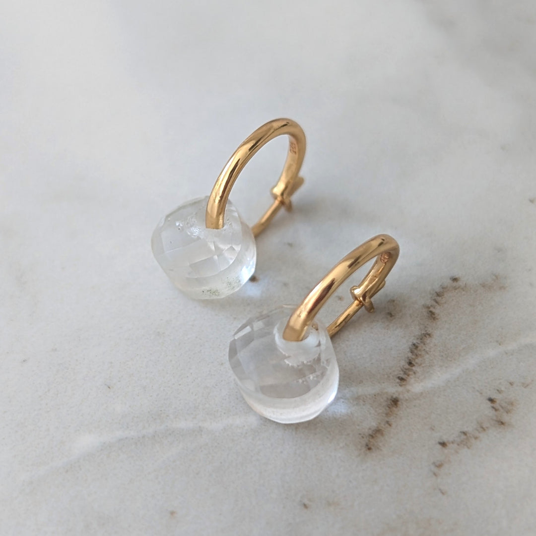 gold clear quartz April birthstone earrings