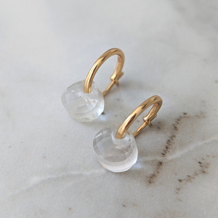 gold clear quartz April birthstone earrings