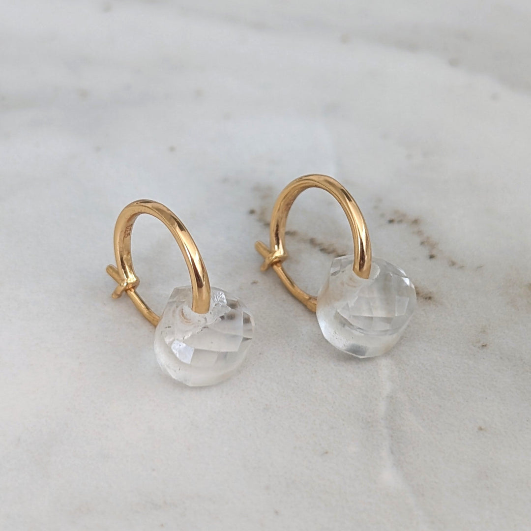 gold clear quartz April birthstone earrings