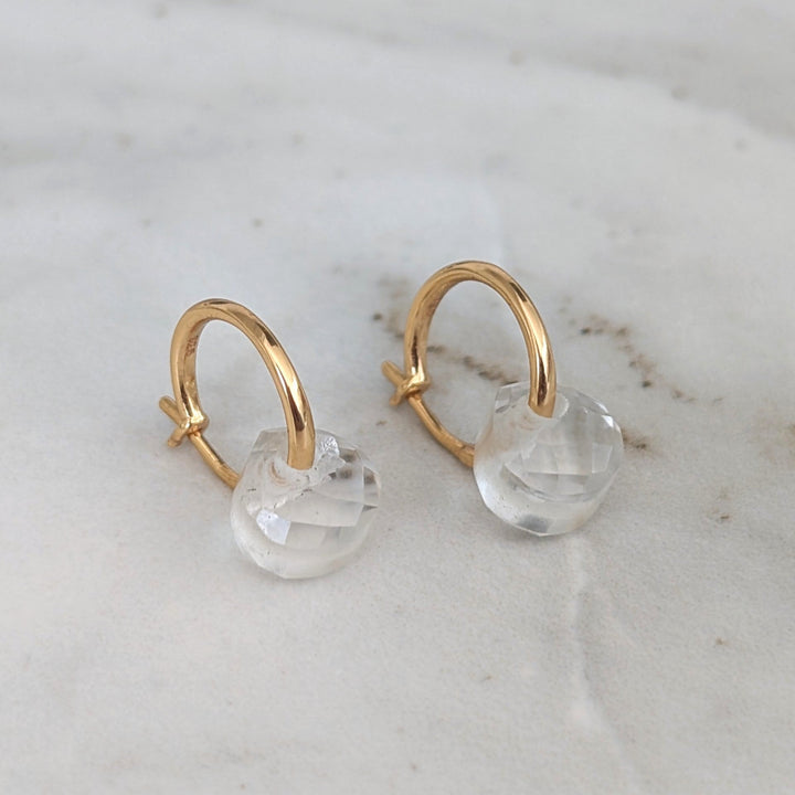 gold clear quartz April birthstone earrings