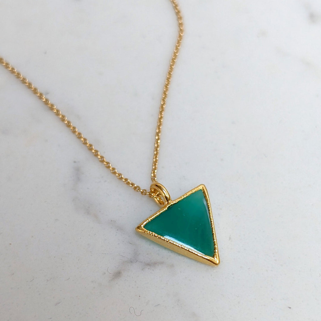 gold plated green onyx triangular pendant necklace 