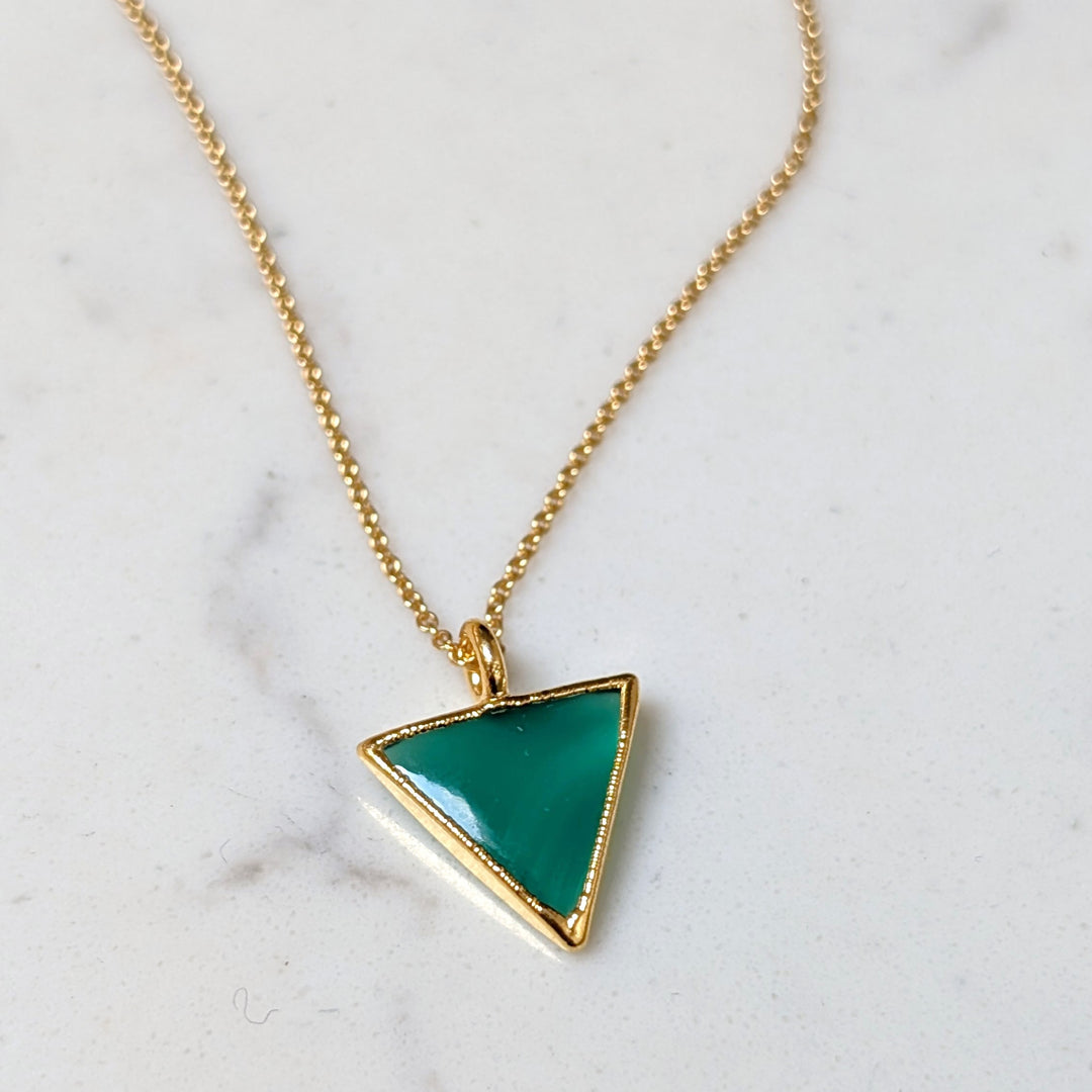 gold plated green onyx triangular pendant necklace 