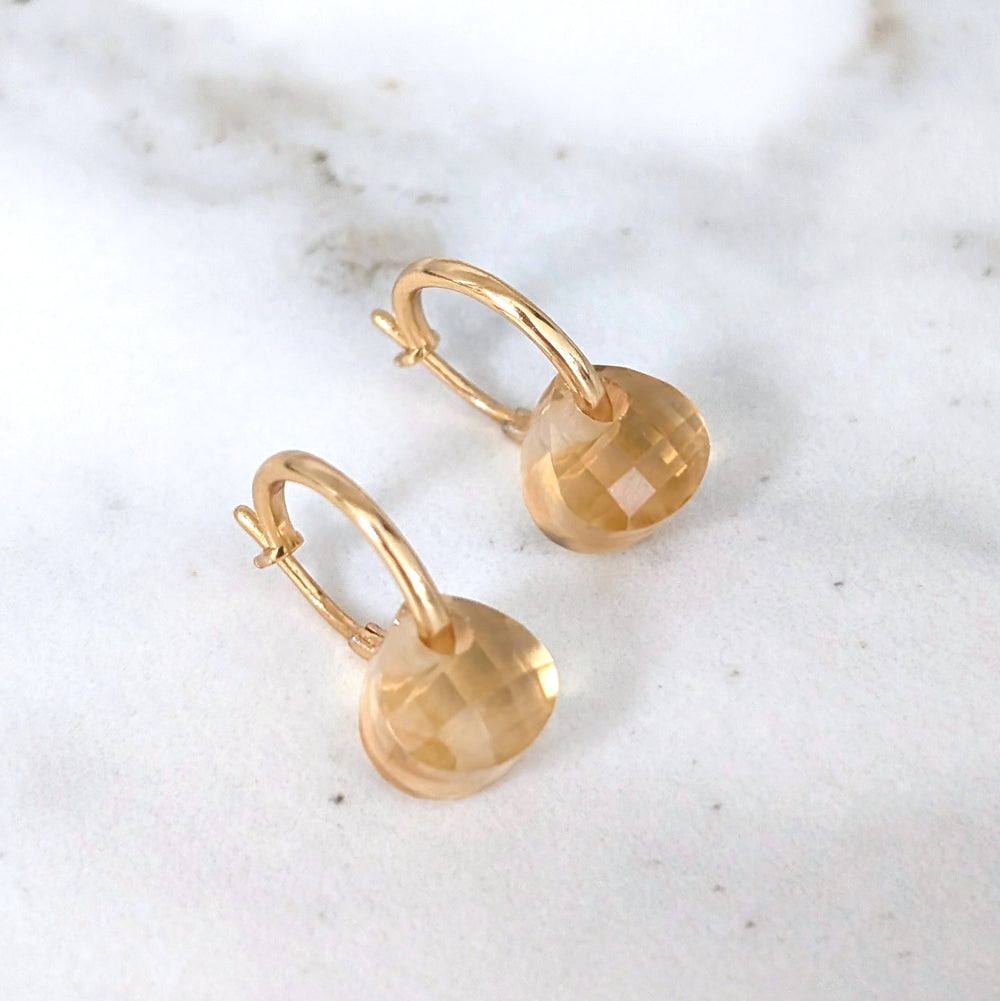 Gold hoop earrings with citrine November birthstone faceted teardrop gemstone charms