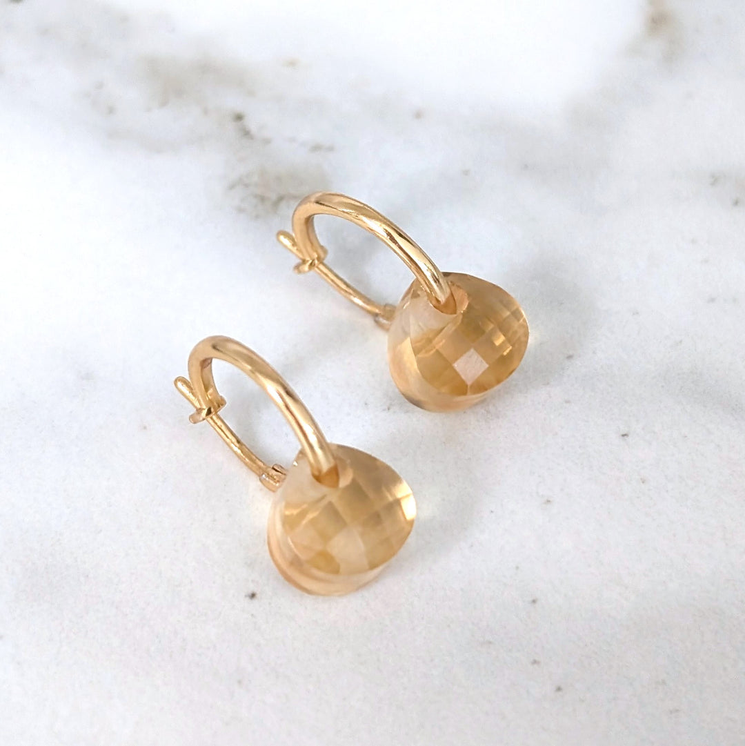 Gold hoop earrings with citrine November birthstone faceted teardrop gemstone charms