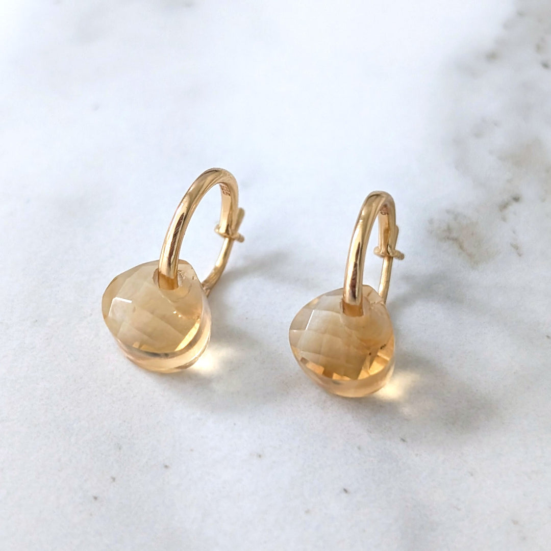 Gold hoop earrings with citrine November birthstone faceted teardrop gemstone charms