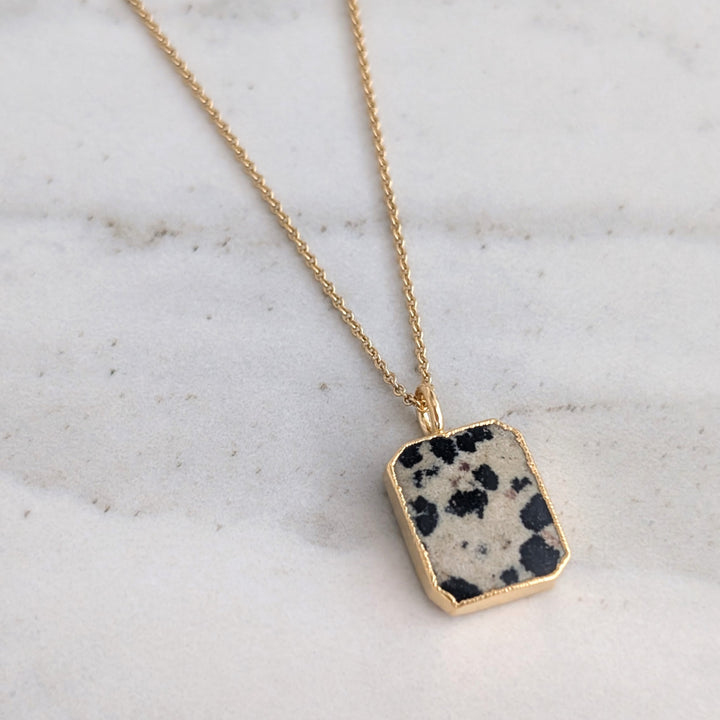 gold plated sterling silver dalmatian jasper rectangular pendant necklace 