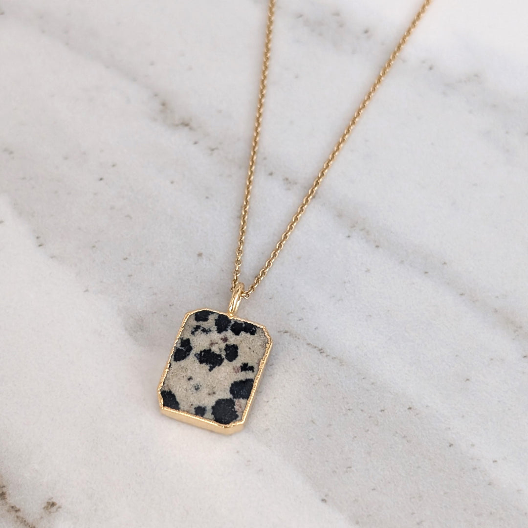 gold plated sterling silver dalmatian jasper rectangular pendant necklace 