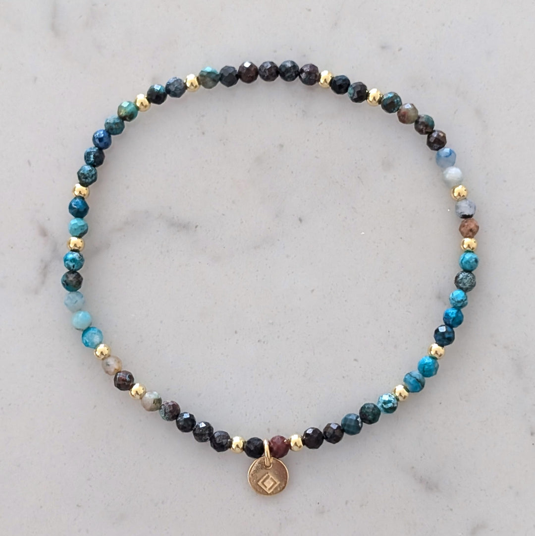 chrysocolla and gold bead 3mm gemstone bracelet 