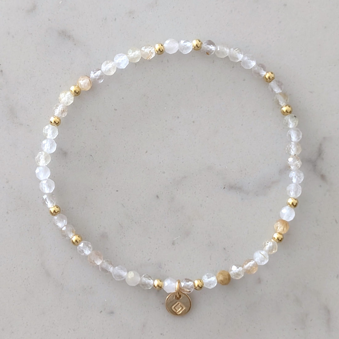 Golden Rutile Quartz Gemstone and Gold Bead Bracelet 3mm Faceted