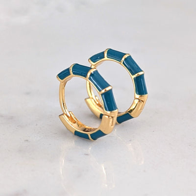 gold and teal enamel hoop huggie earrings