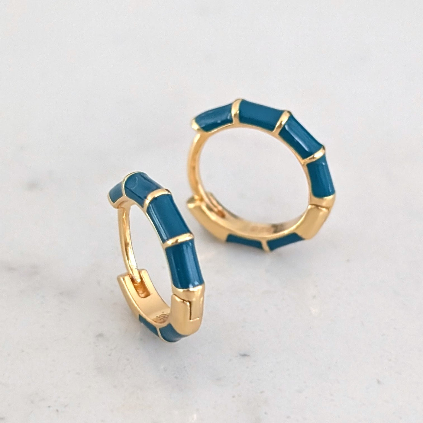 gold and teal enamel hoop huggie earrings