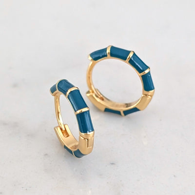 gold and teal enamel hoop huggie earrings