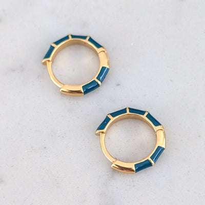 gold and teal enamel hoop huggie earrings