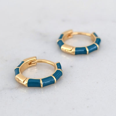 gold and teal enamel hoop huggie earrings